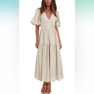 Puff Sleeve Cream Midi Dress